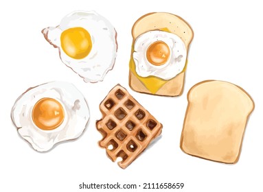 Various toast bread with egg and waffle. Isolated White Background of Breakfast Toast Set