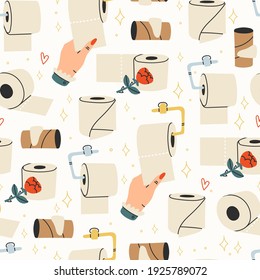 Various Toilet Paper rolls, empty tube. Hygiene, WC, restroom, household concept. Cartoon style. Hand drawn trendy Vector illustration. Colorful square Seamless Pattern. Background, Wallpaper