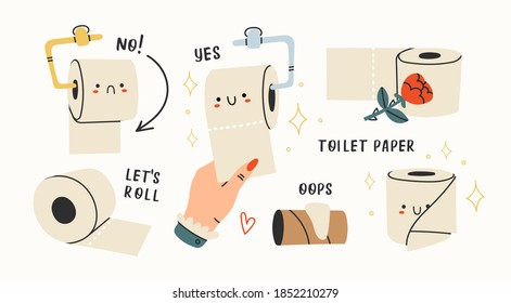 Various Toilet Paper rolls with faces, empty tube. Cute funny characters. Hygiene, WC, restroom, household concept. Cartoon style. Hand drawn trendy Vector illustration. All elements are isolated.