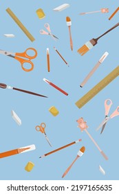 Various tools for drawing or sketching. Hand drawn Big vector set. Pencil, eraser, pen, marker, ruler, scissors, ink, etc. Colored trendy illustration. All elements are isolated.
