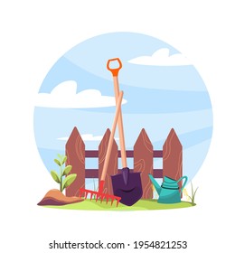 Various tools for garden care illustration. Shovel, rake, watering flat style. Agriculture and equipment concept. Isolated on white background. Gardening tools. Plant a plant in the garden
