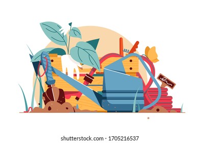 Diversas herramientas para la ilustración vectorial de cuidado de jardín. La lata de riego de manguitos y guantes protectores de estilo plano. Concepto de agricultura y equipamiento. Aislado sobre fondo blanco