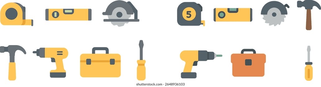 Various tools are organized neatly, showcasing items like hammers, drills, and tape measures in bright colors. This collection is ideal for construction, DIY, and home repair enthusiasts.