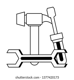 Various tools for repair and construction in black and white