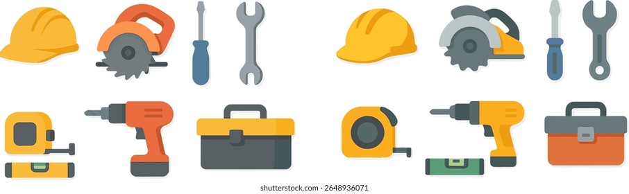 Various tools and safety equipment are arranged neatly on a workbench, including hard hats, drills, wrenches, and a toolbox, showcasing a productive workshop environment.