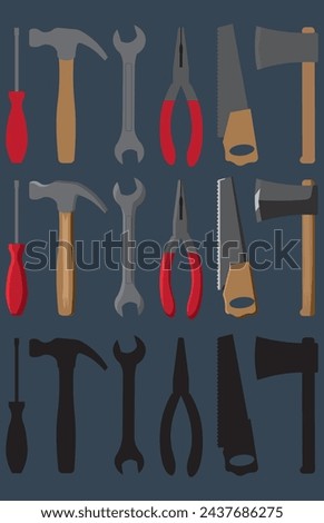 Various Tools Symbols Illustrations Collection. Screwdriver, Hammer, Wrench, Pliers, Saw, Axe. Simple, Shaded, Silhouette. Vector Illustration Clipart. 