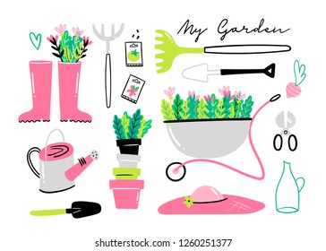 Various tools for working in the garden. Hand drawn colored vector set. All elements are isolated