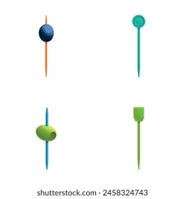 Various toothpick icons set cartoon vector. Wooden and plastic toothpick. Tool for cocktail or food