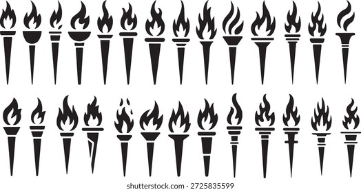 Various torch flames fire black white