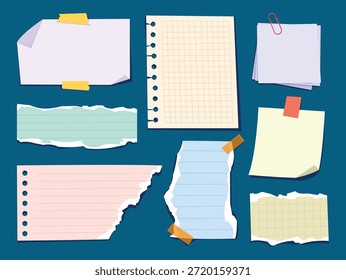 Varios trozos de papel rasgados y forrados con cinta adhesiva y Clips sobre fondo azul. Vector ilustración de dibujos animados