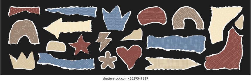 Várias formas de papel rasgado em cores ricas formam uma colagem que reflete a diversidade cultural. As texturas e formas celebram a criatividade, ideal para projetos de zine ou artísticos voltados para a expressão cultural.