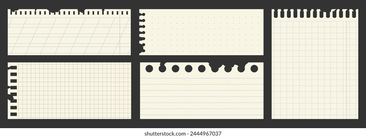 Various torn paper sheets from a notepad. Set of torn realistic pages. A collection of sheets with lines, cells, dots.