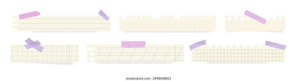 Various torn paper sheets from a notepad. Set of torn realistic pages with scotch. A collection of sheets with lines, cells, dots.