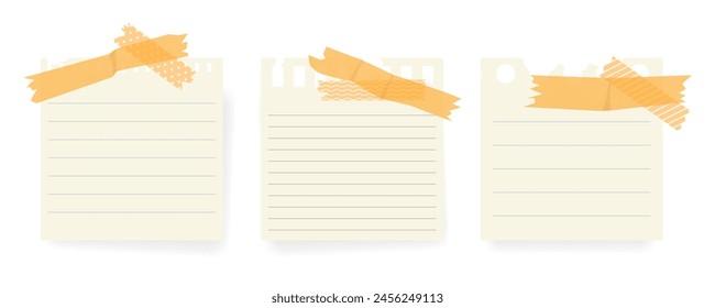  Various torn paper sheets from a notepad. Set of torn realistic pages with scotch. A collection of sheets with lines.