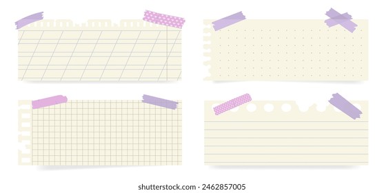 Various torn paper sheets from a notepad. Set of torn realistic pages with scotch. A collection of sheets with lines, cells, dots.