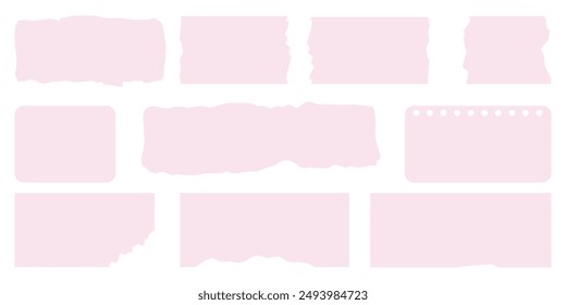 Various torn paper sheets from a notepad. Set of pink torn realistic pages.