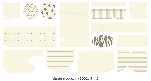 Various torn realistic paper sheets from a notepad. Set of crumpled pages, stickers and notes on textured vintage background.