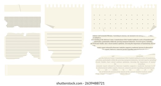 Various torn realistic paper sheets from a notepad. Set of crumpled pages, stickers and notes on textured vintage background.