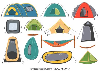 Various tourist and military tent icon set isolated. Camping and hiking outdoor shelters and nylon dome collection for mountaineering, adventure travel, recreation. Vector flat simple illustration
