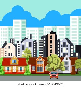 Various town houses. In the background, multi-storey buildings. White house on a background of blue sky. Closer many other houses. In the foreground colorful cottages. Green trees. Car near the house.