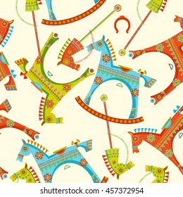 Various toy horses. Rocking horse, spring seesaw, wooden stick horse. Seamless background pattern. Vector illustration