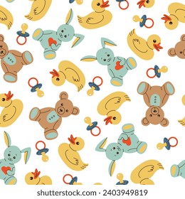 Various toys for kids. Hand drawn vector seamless pattern. Duck, teddy bear, bunny, baby pacifier. Children games, preschool activities concept.