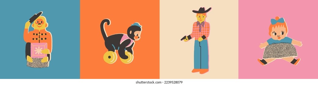 Varios juguetes para niños de estilo vintage. Mono, muñeca de bebé, ilustración de vaquero. Niñez, juegos infantiles, concepto de actividades preescolares. Diseño de vectores.