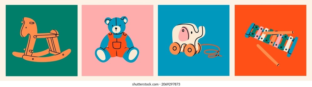 Various Toys for kids. Wooden rocking horse, teddy bear, elephant on wheels, xylophone. Childhood, children games, preschool activities concept. Isolated icons. Logo templates. Hand drawn Vector set