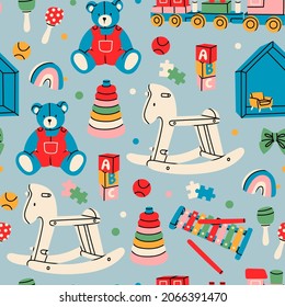 Various Toys for kids. Wooden train, rocking horse, teddy bear, toy cubes, xylophone, pyramid, doll house. Children games, preschool activities concept. Hand drawn Vector seamless Pattern