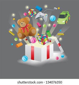 Various toys video game and teddy bear doll for children burst from present box by surprise for party celebration such as Christmas or birthday in black isolated background, create by vector