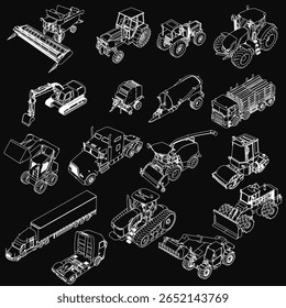 Various tractors and heavy machinery including a bulldozer, dump truck, and tractor trailer are outlined in white on a black background. The industrial transport vehicles have a crisp.