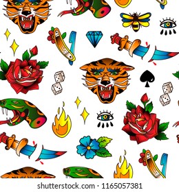 Various traditional style tattoos. Hand drawn colored vector seamless pattern