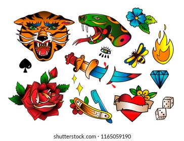 Various traditional style tattoos. Hand drawn colored vector set. All elements are isolated