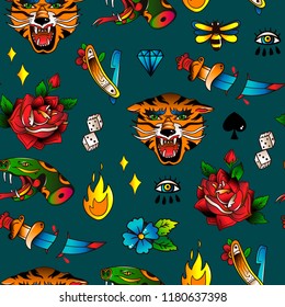 Various traditional style tattoos. Hand drawn colored vector seamless pattern. Dark background