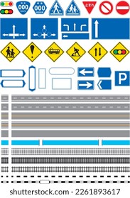 Various traffic signs and railroad, road, river frames and ruled line sets that can also be used for map making