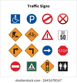 various traffic signs warning of danger isolated on a white background. Traffic Signs Vector Set, no parking , U turn, speed limit, stop sign, no turn left and right. 95