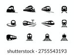 Various train icons in black silhouette on white background railway transportation symbols
