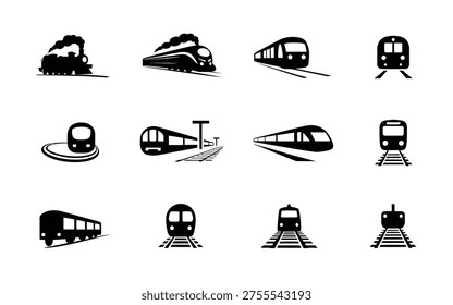 Varios iconos de tren en silueta negra sobre fondo blanco símbolos de transporte ferroviario
