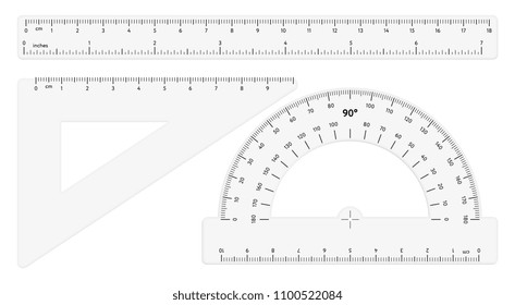 Various transparent rulers isolated on white background. Realistic plastic ruler with graduation grid. Centimeter and inches size indicators, measuring tool, school supplies vector illustration