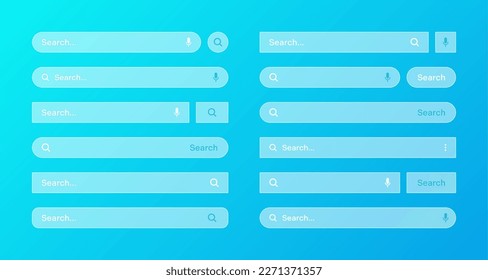 Various transparent search bar templates. Internet browser engine with search box, address bar and text field. UI design, website interface element with web icons and push button. Vector illustration