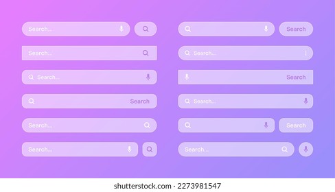 Varias plantillas de barra de búsqueda transparentes. Motor de navegador de Internet con cuadro de búsqueda, barra de direcciones y campo de texto. diseño de interfaz de usuario, elemento de interfaz de sitio web con iconos web y botón pulsador. Ilustración del vector