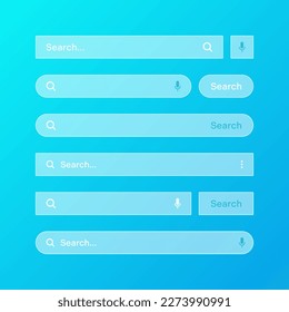 Various transparent search bar templates. Internet browser engine with search box, address bar and text field. UI design, website interface element with web icons and push button. Vector illustration