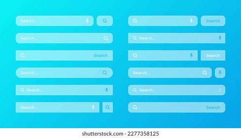 Varias plantillas de barra de búsqueda transparentes. Motor de navegador de Internet con cuadro de búsqueda, barra de direcciones y campo de texto. diseño de interfaz de usuario, elemento de interfaz de sitio web con iconos web y botón pulsador. Ilustración del vector