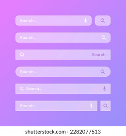 Various transparent search bar templates. Internet browser engine with search box, address bar and text field. UI design, website interface element with web icons and push button. Vector illustration