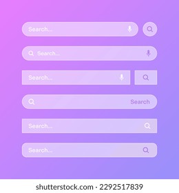 Various transparent search bar templates. Internet browser engine with search box, address bar and text field. UI design, website interface element with web icons and push button. Vector illustration