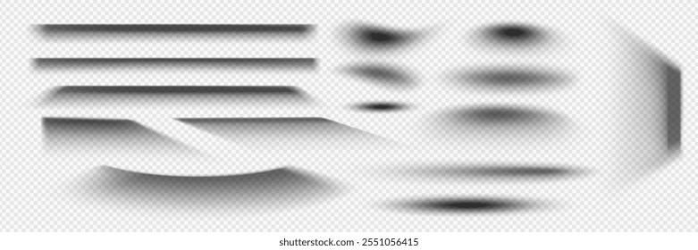 Various transparent shadows and straight linear to curved shapes on white background. Different intensity levels with depth and shading effects. Realistic shade elements for digital design overlays.