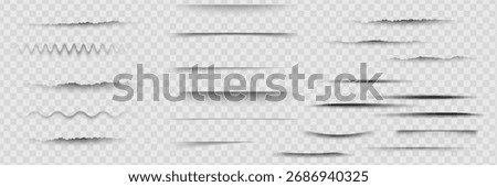 Various transparent shadows and straight linear to curved shapes on white background. Different intensity levels with depth and shading effects. Realistic