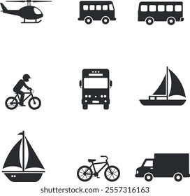 Various Transport Icons Helicopter, Bus, Bike, Sailboat, Truck.