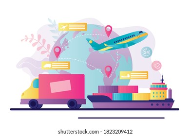 Varios transportes en los que se entregaron paquetes. Concepto de entrega rápida, logística y transporte. Mapa con destinos y rutas. Importación de bienes. Banner de estilo moderno.Ilustración vectorial plana