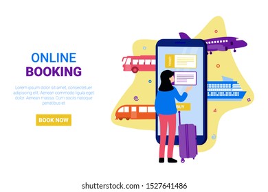 Various transportation. Airplane, bus, train, cruise ship, railway. Booking online tickets now. Flat vector concept illustration for web page, banner, poster, template, layout.